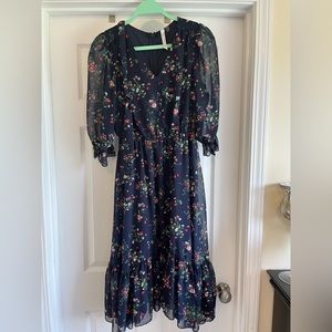 New York Collection Petite Med 3/4 Sleeve Belted Chiffon Hankerchief Hem Dress